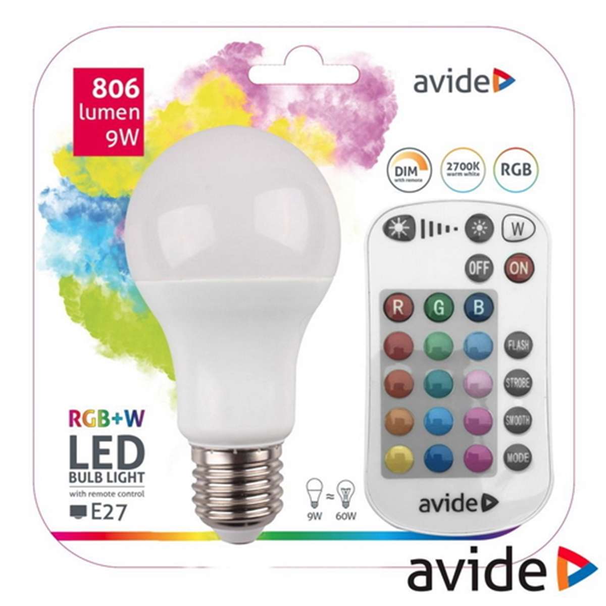 Lâmpada LED Smart E27 9W RGB+W 806Lm + comando Avide - Image 2